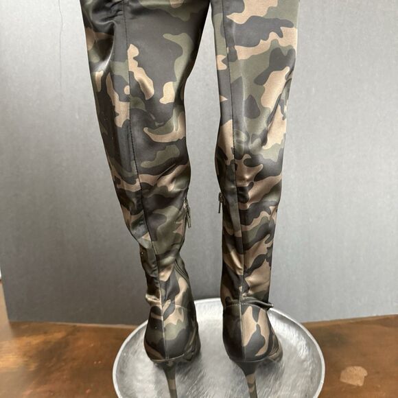 Aldo Camo Stretch Satin Thigh High Boots Size 6 Military Chic Grunge punk sleek - Picture 7 of 16
